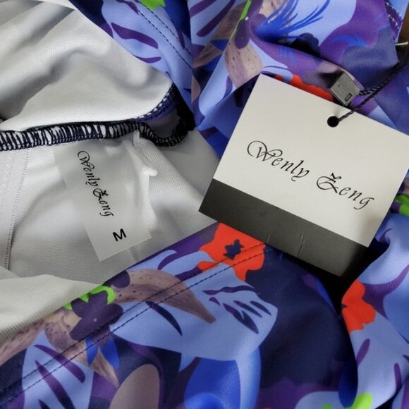 Wenly Zeng Floral Ruched Tankini Two Piece Swimsuit Blue Size Medium - Picture 4 of 8